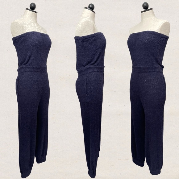 FP Beach Free People Claire One-Piece Pants Jumpsuit Navy Blue Terry Cloth Knit - Picture 7 of 8